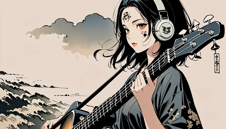 highest quality, Hiroshige Utagawa, Ink painting, (((Play bass))),, (((1 girl))), (((face tattoo))), Japanese headphones, beautiful girl,   black hair, Delicate and precise, Modern Ukiyo-e Style, Darkness,Sepia Hues、