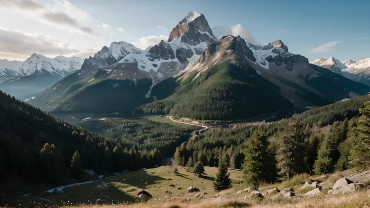 Create an image of a forest with mountains