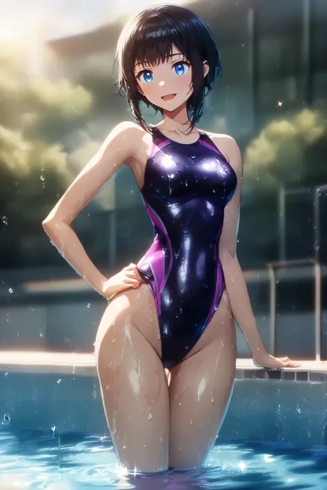 1 girl, Game CG, 
shallow depth of field, a portrait with a soft Gaussian blurred background, creating a dreamy atmosphere, focus on face, dutch angle, full-body shot, cool and refined vibe, emphasizing the beauty of her back and hips,

soaking wet by the ...