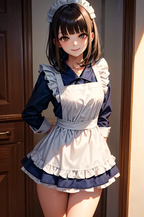 masterpiece, high quality, female maid, thirties,(elegant), natural beauty,(((blunt bangs)))),(((navy blue))),(medium length hair), soft lighting,((( brown eyes))),smile,mini-skirt,standing