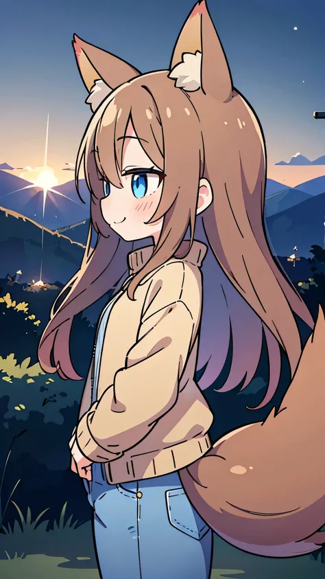      anime style、 cute face、 girls、  fox ears、Tail、brown hair、 blue eyes、 long hair、 beige jacket  、jeans、with your mouth closed、Cute mouth、smile、profile in landscape orientation from