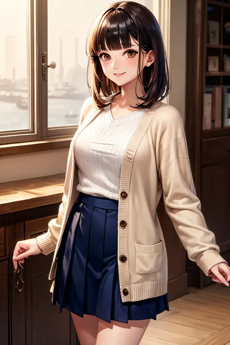 masterpiece, high quality, female, thirties,(elegant), natural beauty,(((blunt bangs)))),(((navy blue))),(medium length hair), soft lighting,((( brown eyes))),smile,mini-skirt,standing,The white knit, pale pink flared skirt, beige cardigan over it,low pump...