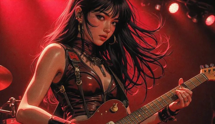 girl, seventeen years old, Asian, with long black hair and brown eyes, wearing daring clothes with an electric guitar, performs on stage