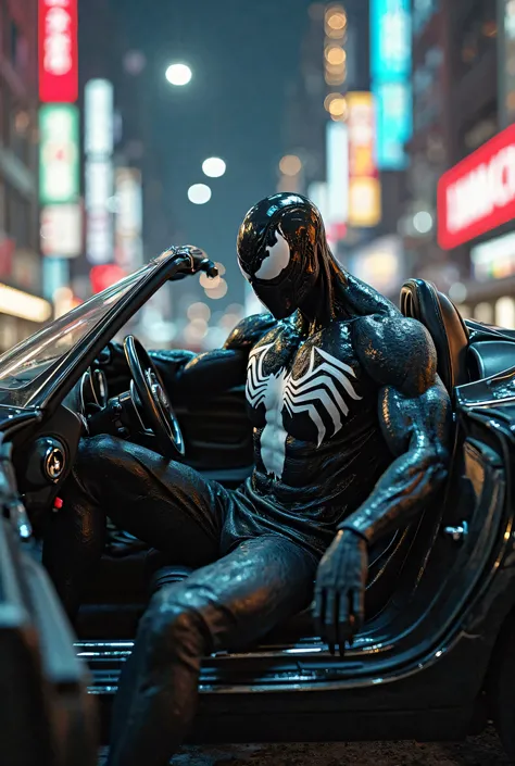 A man in the Venom outfit, sitting in a luxury car in a well-lit city