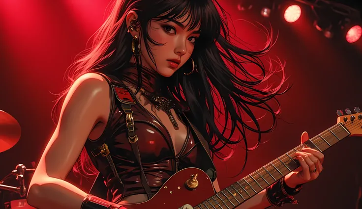  girl, seventeen years old, Asian, with long black hair and brown eyes, wearing daring clothes with an electric guitar, performs on stage