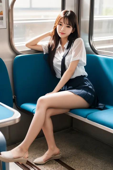 arafed woman sitting on a train seat with her legs crossed, korean girl, attractive girl, japanese model, asian girl, sakimichan, a hyperrealistic schoolgirl, sexy girl, korean woman, beautiful south korean woman, young asian girl, beautiful asian girl, ha...