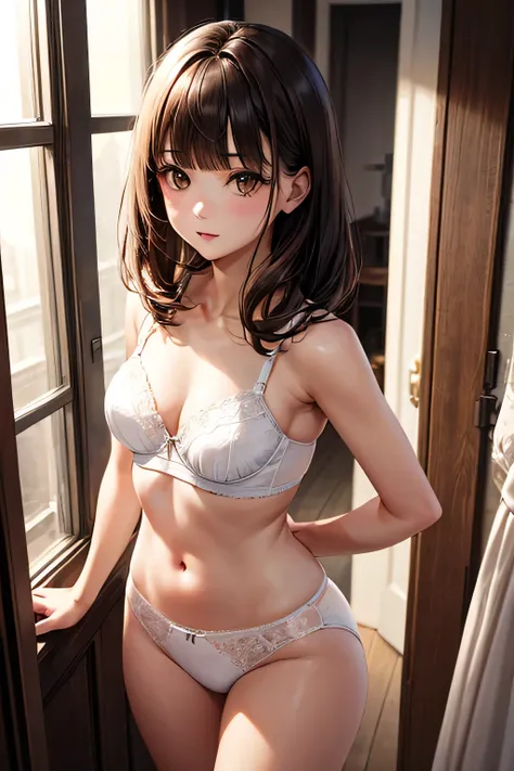 masterpiece, high quality, female, thirties,(elegant), natural beauty,(((blunt bangs)))),(medium length hair), soft lighting,((( brown eyes))),(white underwear),standing,cheek rouge,dressing room,