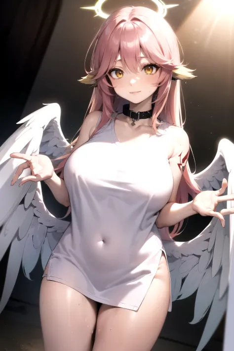 jibril, BREAK jibril, angel, angel wings, collar, animal ears, bird ears, compass rose halo, feathered wings, feathers, gradient hair, halo, long hair, low wings, multicolored hair, pink hair, symbol-shaped pupils, big breast, white wings, wing ears, wings...