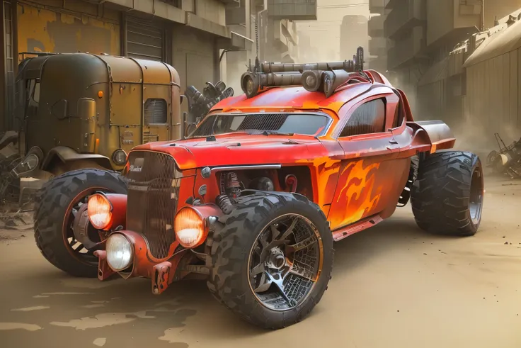 there is a red HOT ROD PICK UP with flames on it parked in a lot, post - apocalyptic car blueprint, futuristic dieselpunk street, apocalyptic road warrior vibe, futuristic cars and mecha robots, anime art vehicle concept art, highly detailed hyper real ret...