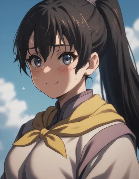 score_9, score_8_up, score_7_up, gsfghtr, long ponytail hair, black hair, multicolored robe, neckerchief, 1girl, sweating, blush, smile, blue sky, 