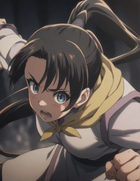 score_9,  score_8_up, score_7_up, gsfghtr, multicolored robe, long ponytail hair, black hair, neckerchief, ((open mouth)),
cinematic Lighting, 1girl,solo,looking at viewer,blush,closed mouth,fighting stance, dragon's head as background