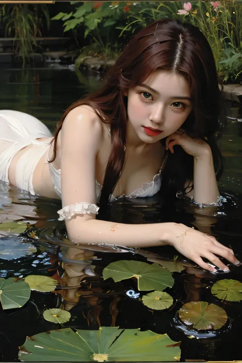 (oil painting:1.5), \\ a woman with (red long curtly hair ), ((green eyes)) is lie on the ground, lotus, in water, (amy sol:0.248) with red dress, (stanley artgerm lau:0.106), (a detailed painting:0.353), (gothic art:0.106)
