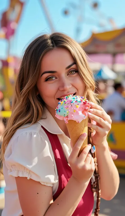 Woman at amusement park eating super happy ice cream.