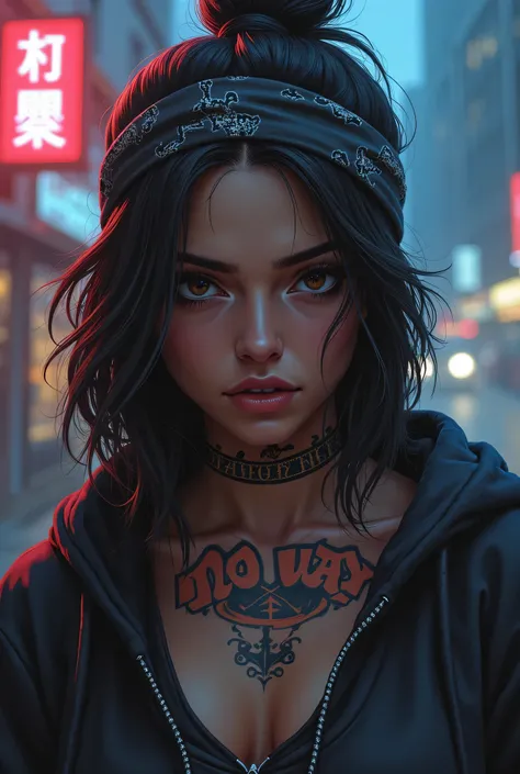 "Digital painting portrait of a badass urban girl. She has sharp, confident eyes, a bandana tied around her head, and stylish tattoos on her neck and arms. One of the tattoos, reading 'NO WAY,' is prominently displayed on her neck or collarbone. She wears ...