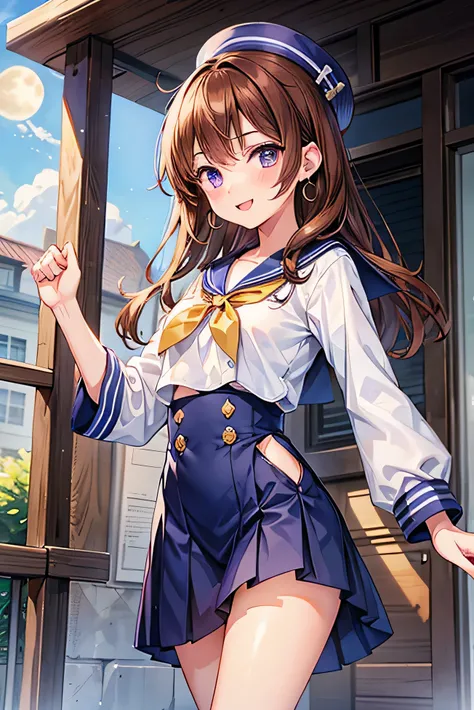 Navy blue sailor uniform.
Fist pump.
Smiling.
Mouth open.
{Wink}
Clear skies.

An anime-style girl has medium hair with sideburns and sauvage,wears moon-shaped earrings, flowing brown hair and violet eyes,White, slender legs and a slim waist.