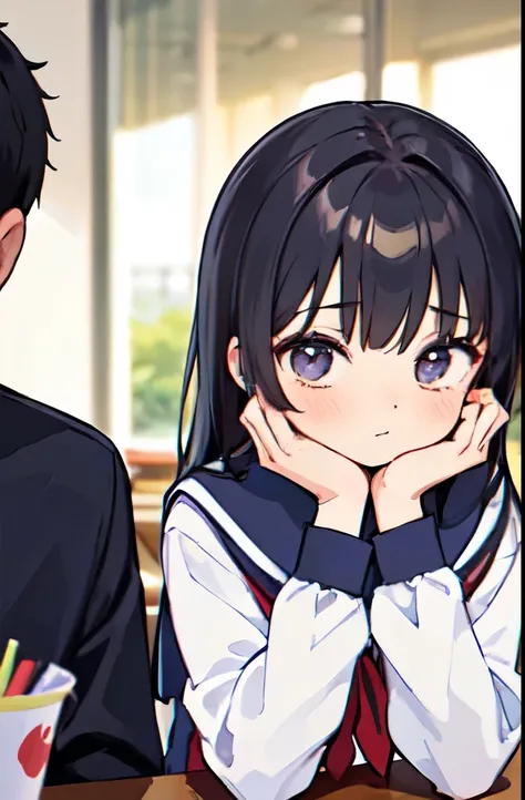 (highest quality),(illustration of a high school boy and girl having a conversation:1.2),(boy in school uniform:1.1),Girl in sailor suit,indoor background,upper body,(Blurry background),Dark Hair, staring at each other,Duo,(hand on another’s cheek)