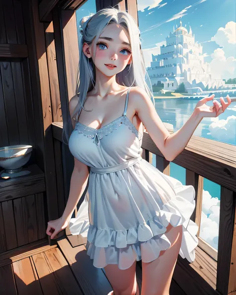 (nsfw1.3)、((best quality, 8k, masterpiece:1.3)), concentrated:1.2, perfect body beauty:1.4, Ass:1.2, ((layered haircut, big breasts:1.2)),((White World 1.3)) , (The white temple above the clouds:1.3)、is standing inside the temple、costume made of fabric tha...