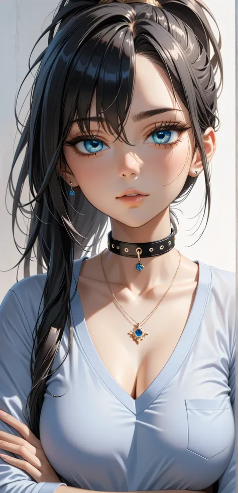 upper body, Random Sexy pose , ((Ultra detailing)), ((very aesthetic, best quality, ultra detailed)), intricate details, 1girl, ((long hair, Black hair, Ponytail hair,)), ((Blue eyes)), ((Detailed eyes)), ((Beautifull eyes)), ((prefect eyes)), ((Ultra deta...