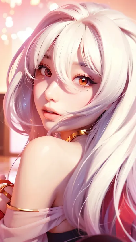 Beautiful girl with long flowing white hair, Red eyes sparkling, Her expression is a mix of surprise and embarrassment, Mouth slightly open, She wears a stylish outfit with golden and red accents, possibly inspired by fantasy or historical themes, The back...