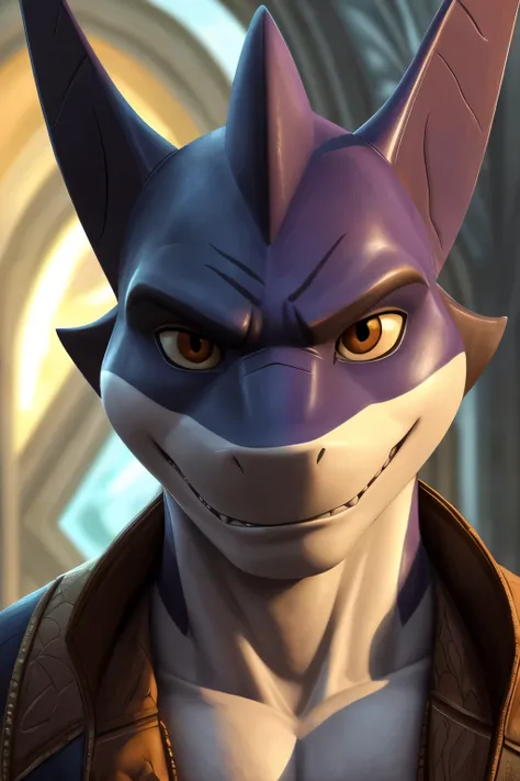 best quality, newest, absurdres, highres, (masterwork, masterpiece, best quality, hyper-detailed :1.3), anthro only, furry only, 1boy, solo, g4r0ld, shark boy, brown vest, close up, looking a viewer,smirk,