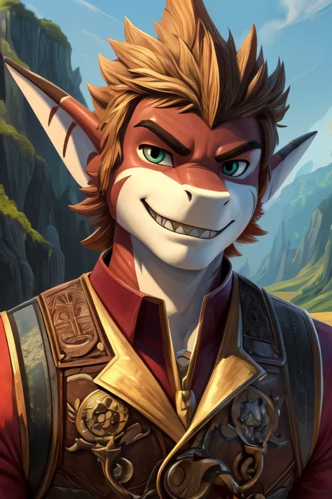 best quality, newest, absurdres, highres, (masterwork, masterpiece, best quality, hyper-detailed :1.3), anthro only, furry only, 1boy, solo, g4r0ld, shark boy, brown vest, close up, looking a viewer,smirk,