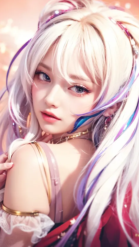 Beautiful girl with long flowing white hair, Red eyes sparkling, Her expression is a mix of surprise and embarrassment, Mouth slightly open, She wears a stylish outfit with golden and red accents, possibly inspired by fantasy or historical themes, The back...