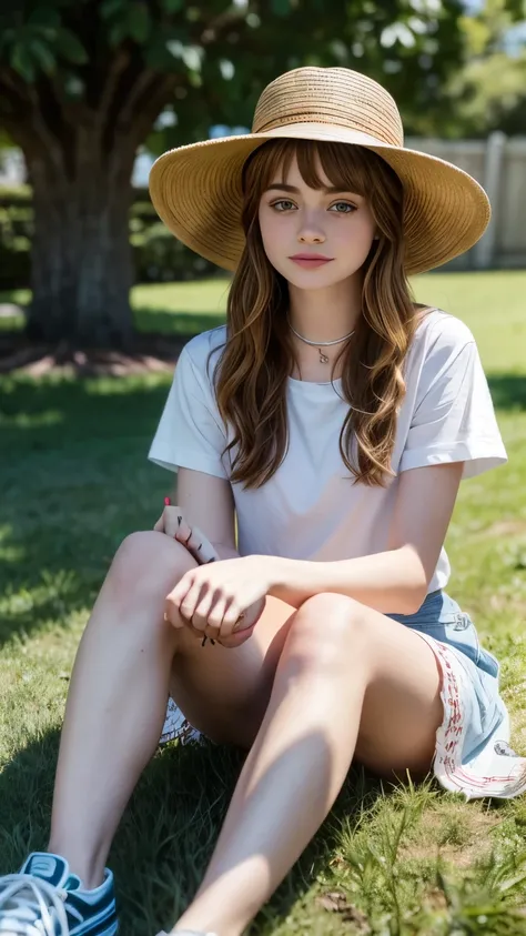 arafed girl sitting on the grass wearing a hat and a t - shirt, wearing a chocker and cute hat, joey king, she is wearing a hat, mackenzie foy, natalia dyer, wearing a cute hat, kailee mandel, pokimane, eva elfie, inspo, with hat, small, very grainy, portr...