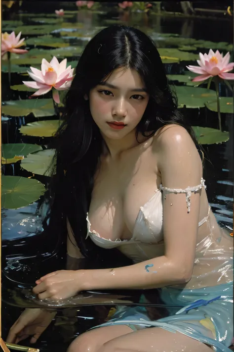 (oil painting:1.5),
\\
a woman with (long curtly hair ),  is lie on the ground, lotus, in water, (amy sol:0.248) with dress,  (stanley artgerm lau:0.106), (a detailed painting:0.353), (gothic art:0.106)