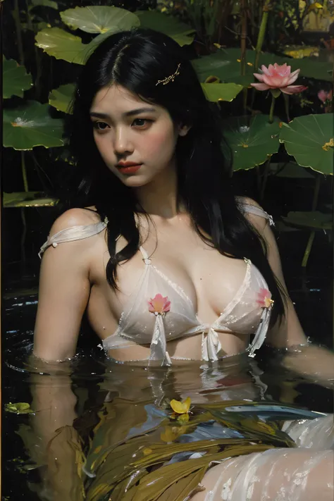 (oil painting:1.5),
\\
a woman with (long curtly hair ),  is lie on the ground, lotus, in water, (amy sol:0.248) with dress,  (stanley artgerm lau:0.106), (a detailed painting:0.353), (gothic art:0.106)