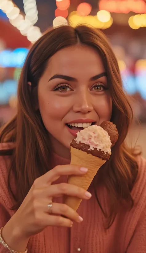 Hyperrealistic image of a woman is on an amusement park eating super happy ice cream. Cinematic light, 8K, uhdk , perfectly crafted and super realistic.