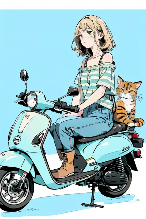 beautiful anime-style illustrations . A brown-striped cat is sleeping on a pale blue scooter seat. A blonde woman is crouching beside her scooter , Staring at the cat. The woman is wearing a green off-shoulder top , Denim shorts and brown boots....