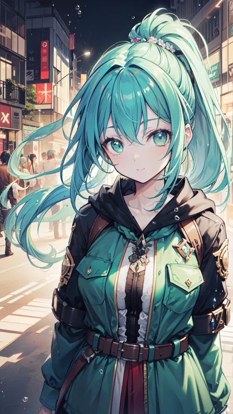 a girl blowing a Big Bubble Gum with both of her hand in her pocket , ( Pocket hand :1.4),  (Big Bubble Gum:1.4), (Shibuya:1.4), ( Night Light :1.4), (  strong body  :1.4), ( Double ponytail green hair:1.4),  green eyes , HDR ( High dynamic range ),   ray ...