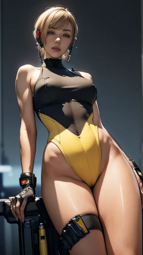 (A woman),(((A female member of the Future Force rides a motorcycle))),((Yellow tactical high leg bodysuit:1.5)),(( Earphones:1.5)),((Tactical Holster:1.5)),(Gloves:1.5),(serious:1.5),(Super short hair:1.5),(Blonde:1.5),(beautiful eyes:1.3),(Very detailedな...