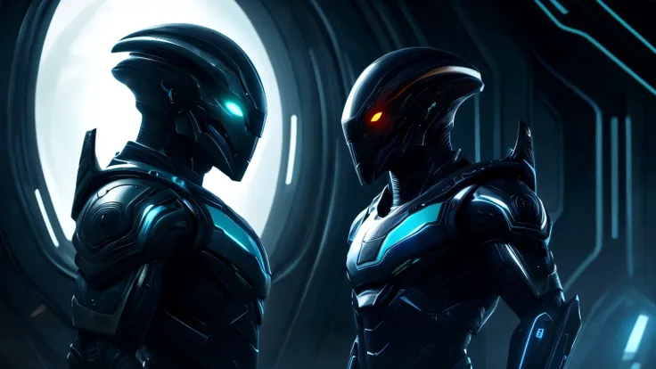 A humanoid alien warrior, tall and imposing, with glowing eyes and a sleek, metallic suit, standing in a tense standoff with a confident human. The setting is a futuristic, dimly lit alien spaceship, with intricate technology and high-tech structures aroun...