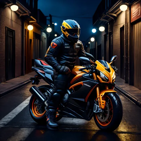 male dressed in black motorcycle jumpsuit, black helmet, polarized visor, motorcycle Ducati streetfighter v4, Calle solitaria, at night