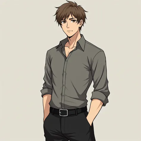 Adult male,  his average physique ,  eye color brown, hair color light brown, the color of the eyebrows and eyelashes is black, anime, age 22 years, height 187 centimeters tall, with a serious face, dressed in black pants and a gray shirt, and a thin black...