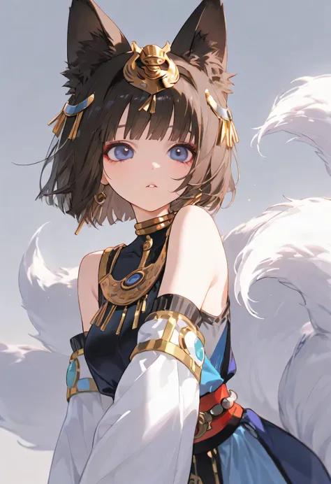 nine tail fox girl with short brown hair ,embodying a perfect mix of beauty and menace , fluffy nine  tails , cat ears