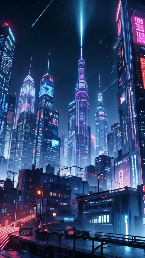 Beautiful night city view from the night sky,Million dollar night view,pale white backlight effect from below,beautiful neon glow,Futuristic buildings stand side by side