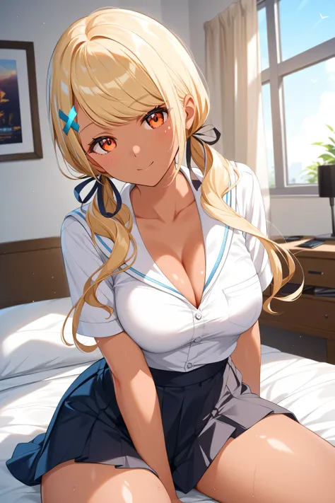 master piece、Best Quality,Super detailed,High resolution,Extremely detailed CG,Unity 8K Wallpaper,weat,score_9, score_8_up, score_7_up, score_6_up, score_5_up, score_4_up, source_anime,QpiCas, (orange eyes), dark skin, blonde hair, long hair, swept bangs, ...