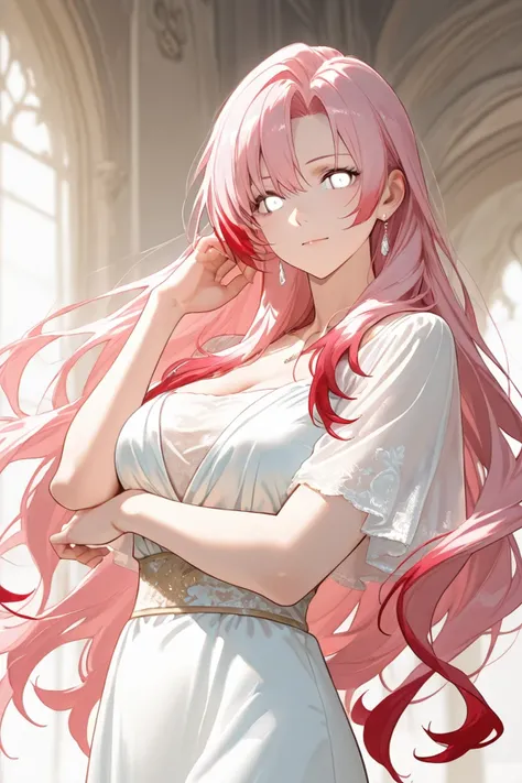 Serene anime mature girl with pink hair with red tips, white eyes, long hair and a imperial dress