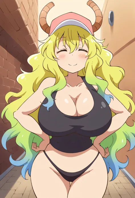 anime art style, 2d, masterpiece, best quality, very aesthetic, absurdres, dynamic shadows, atmosferic, lucoa_md, (1girl), (blonde hair), long hair, (gradient hair), green hair, blue hair, closed eyes, ahoge, hair between eyes, bangs, big breasts, cleavage...