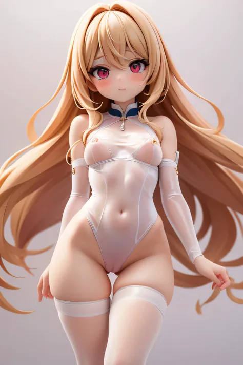 (masterpiece, best quality, absurdres, detailed:1.2),The pale pink fullbodysuit she is wearing is wet with sweat and ((see-through)), especially the pussy area is almost transparent., rhythmic gymnastics、 (small tits, thigh gap,7歳, spread pussy,nub), blond...