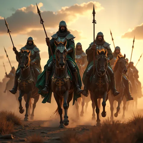 **Prompt:** Create an immersive hyper-realistic panoramic wide-angle image that draws viewers into the heart of medieval islamic arabic, emphasizing a carefully balanced composition. In the foreground, depict a courageous unit of arabic Mujahideen cavalry ...