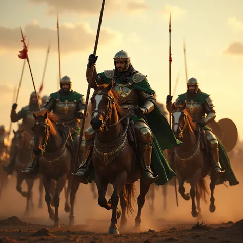 **Prompt:** Create an immersive hyper-realistic panoramic wide-angle image that draws viewers into the heart of medieval islamic arabic, emphasizing a carefully balanced composition. In the foreground, depict a courageous unit of arabic Mujahideen cavalry ...