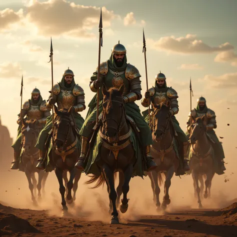 **Prompt:** Create an immersive hyper-realistic panoramic wide-angle image that draws viewers into the heart of medieval islamic arabic, emphasizing a carefully balanced composition. In the foreground, depict a courageous unit of arabic Mujahideen cavalry ...