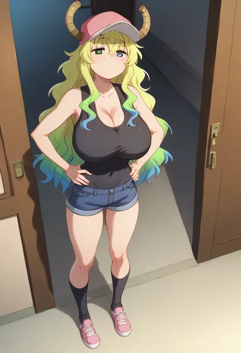 Lucoa,  blonde hair,  blue hair,  dragon girl ,  gradient hair ,   green hair ,  hair between her eyes,  Horns,  Horns through headwear,  huge breasts,  multicolored hair, baseball cap , layer, tem, Pink has ,  green eyes,  purple eyes,  yellow pupils , he...