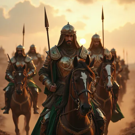 **Prompt:** Create an immersive hyper-realistic panoramic wide-angle image that draws viewers into the heart of medieval islamic arabic, emphasizing a carefully balanced composition. In the foreground, depict a courageous unit of arabic Mujahideen cavalry ...