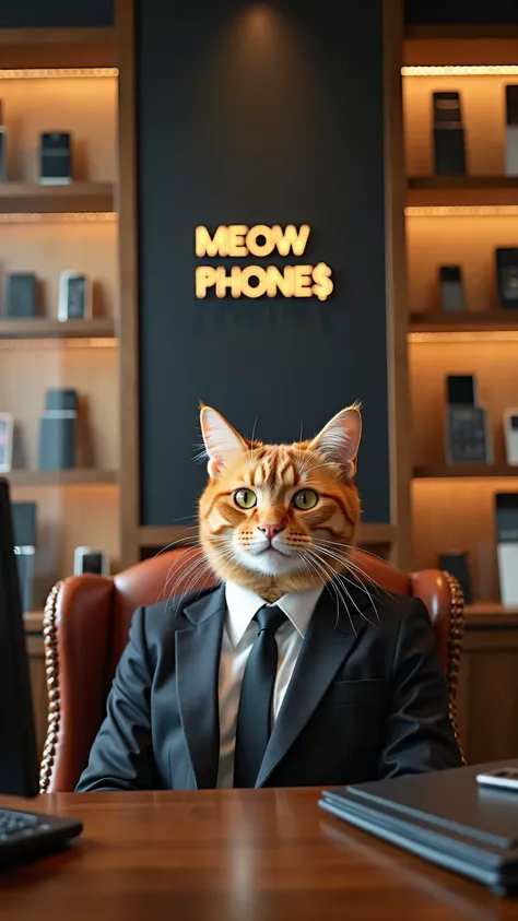  inside a high class super high tech luxury brand cell phone office on a top high rise building in New York city, inside the office there is a sign that says : " Meow PHONE$ " and a elegant orange cat wearing a suit seating in a leather chair behind a desk...