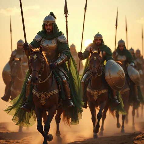 **Prompt:** Create an immersive hyper-realistic panoramic wide-angle image that draws viewers into the heart of medieval islamic arabic, emphasizing a carefully balanced composition. In the foreground, depict a courageous unit of arabic Mujahideen cavalry ...