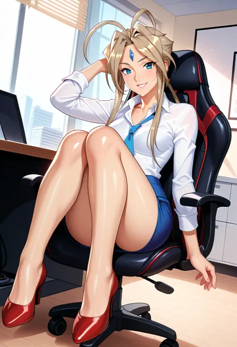 Belldandy，Belledanti，Office Girl，wear a white shirt on the top， long sleeve，wear a light blue miniskirt on the bottom，The skirt is very short，sitting on an office chair，One point file in hand， Jiro's legs，beautiful legs showing off，red high heels，shiny lea...